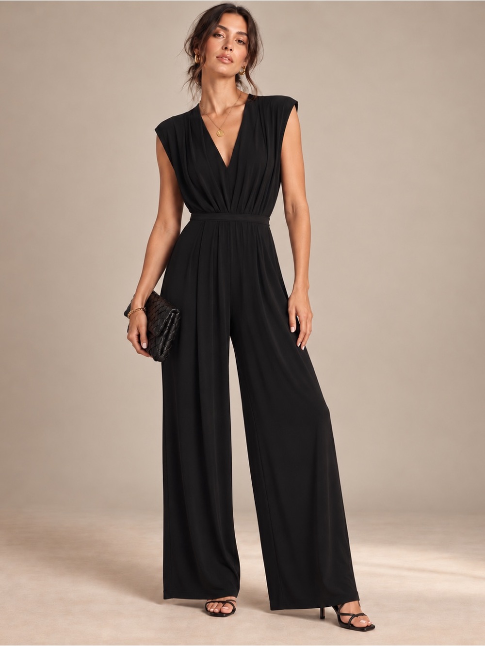 WHBM Black Jersey Wide Leg V Neck Pleated Jumpsuit Tie Waist Draped Size 0